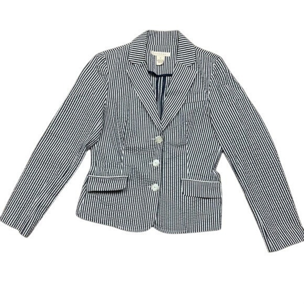 Sandro Navy Blue White Striped‎ Seersucker Blazer Jacket Women's Small Cotton